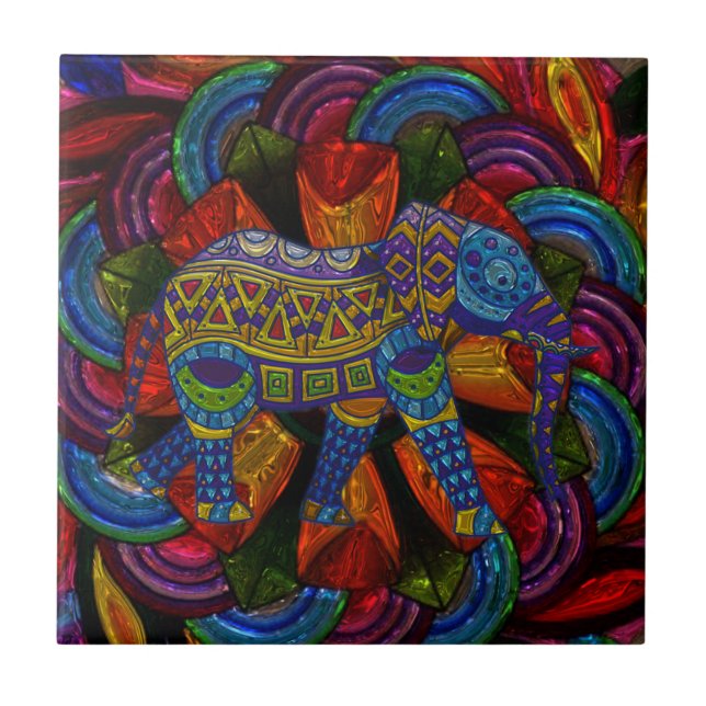 Colorful Ornate Elephant and Mandala Tile (Front)