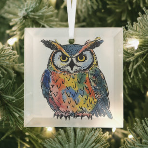 Colorful Owl Watercolor Glass Tree Decoration