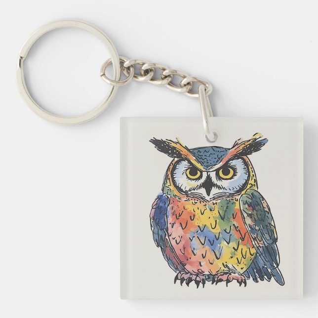 Colorful Owl Watercolor Key Ring (Front)