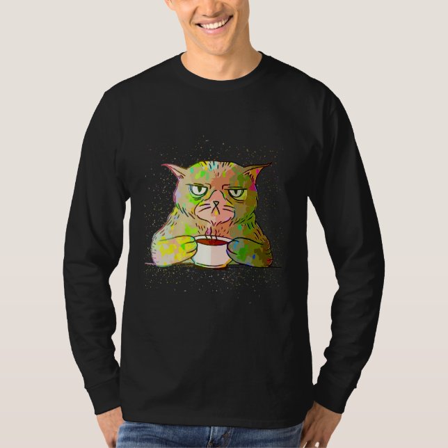 Colorful Paint Splash Sleepy Cat Coffee T-Shirt (Front)