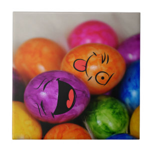 Colorful Painted Easter Eggs with Funny Faces Tile
