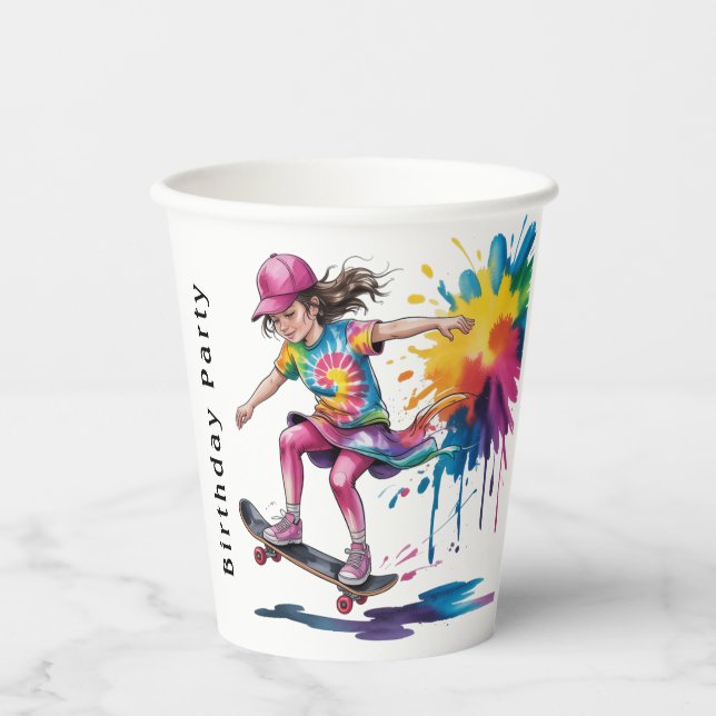 Colorful Painted Girl Skateboarder Birthday Party Paper Cups (Front)