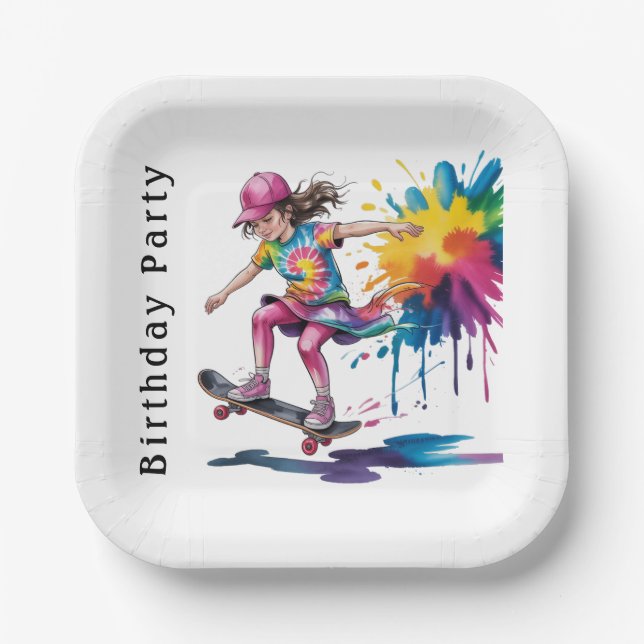 Colorful Painted Girl Skateboarder Birthday Party Paper Plate (Front)