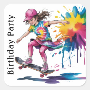 Colorful Painted Girl Skateboarder Birthday Party Square Sticker