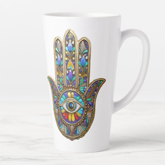 Colorful Painted Gold Hamsa Sapphire Third Eye  Latte Mug (Right)