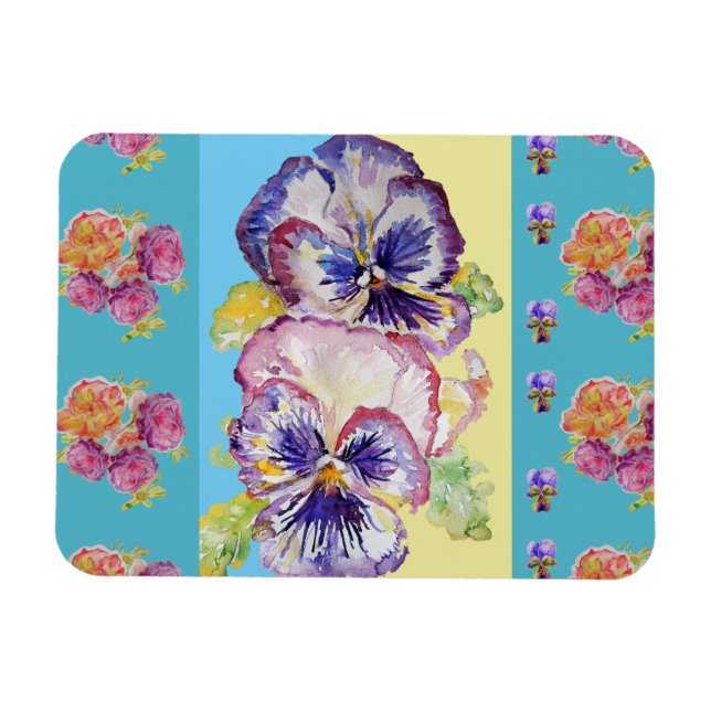 Colorful Pansy Floral Watercolor aqua Magnet (Horizontal)