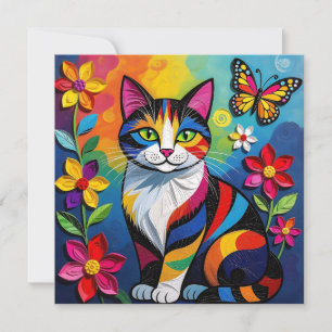 Colorful Paper Cat, Flowers and Butterflies Card