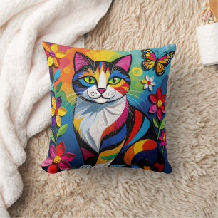 Colorful Paper Cat, Flowers and Butterflies Cushion