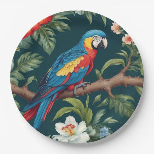 Colorful Parrot Tropical Jungle Leaves Paper Plate
