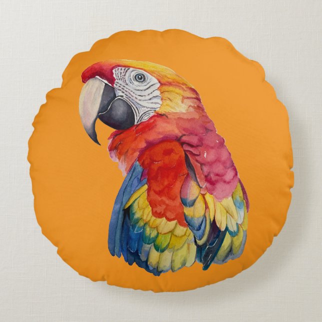 Colorful Parrot Watercolor Illustration Round Cushion (Front)