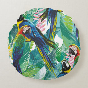 colorful parrots and exotic flowers round cushion