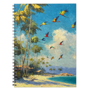 Colorful Parrots Flying Tropical Beach Art Notebook