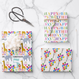 Colorful Party Animals Balloons and Happy Birthday Wrapping Paper Sheet