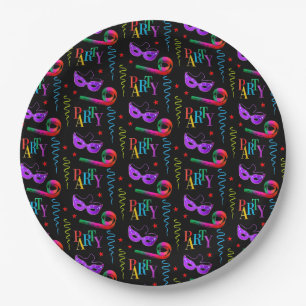 Colorful Party Masks Celebration Collage Black Paper Plate