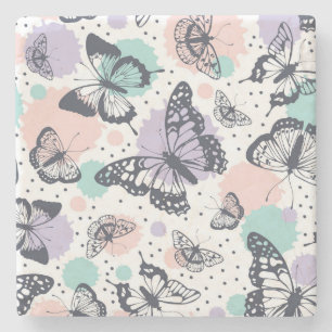 Colorful Pastel Butterfly Sketches Stone Coaster
