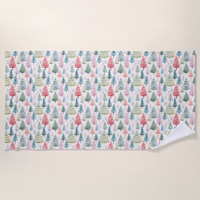Colorful Pastel Christmas Pine Trees Pattern Beach Towel (Front)