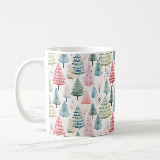 Colorful Pastel Christmas Pine Trees Pattern Coffee Mug (Left)