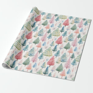 Colorful Pastel Christmas Pine Trees Pattern Wrapping Paper