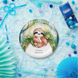 Colorful Pastel Sloth Birthday Paper Plate