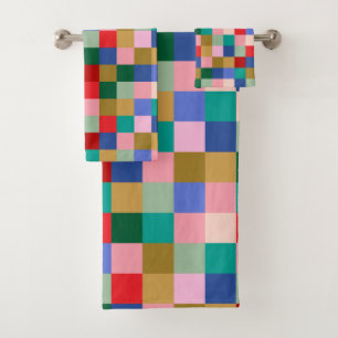 Colorful Patchwork Checkerboard Modern Geometric Bath Towel Set