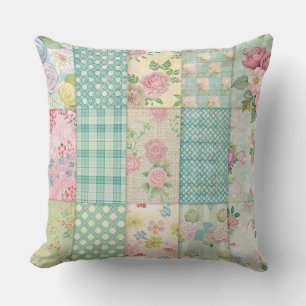 COLORFUL PATCHWORK PATTERNS WITH WHITE DAISIES CUSHION