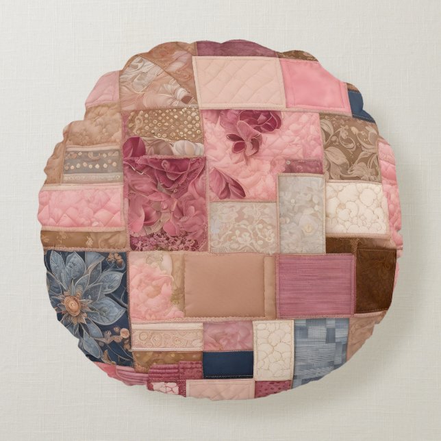 Colorful Patchwork Quilt Art Round Throw Pillow (Front)