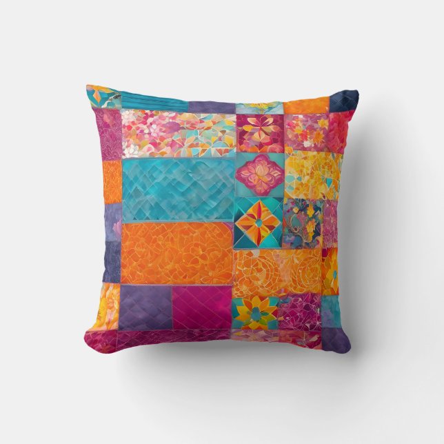 Colorful Patchwork Quilt Art Square Throw Pillow (Front)