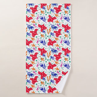Colorful pattern of birds, flowers, circles bath towel