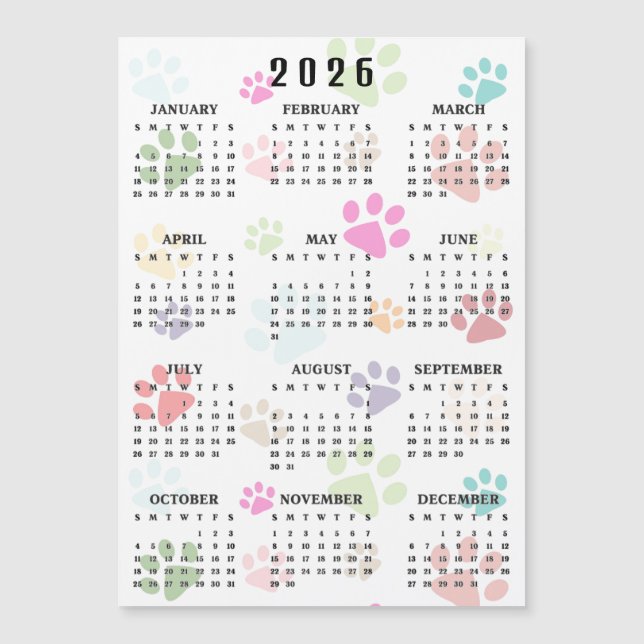 Colorful Paw Prints 2026 Calendar Magnetic Card (Front)