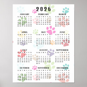 Colorful Paw Prints 2026 Wall Calendar