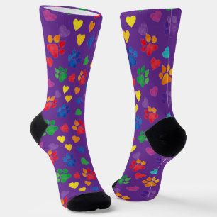 Colorful Paw Prints and Hearts Crew Socks