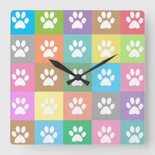 Colorful paw prints pattern square wall clock