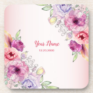 Colorful Peach Floral Golden Watercolor Wedding Coaster