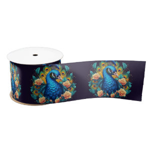 Colorful Peacock Bird with Roses Satin Ribbon