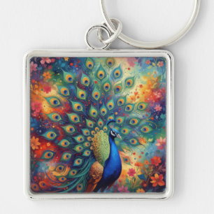 Colorful Peacock Feathers and Flowers Key Ring