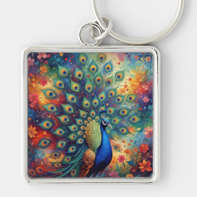 Colorful Peacock Feathers and Flowers Key Ring (Front)