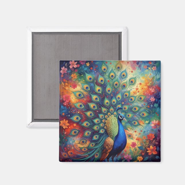 Colorful Peacock Feathers and Flowers Magnet (Front/Back)