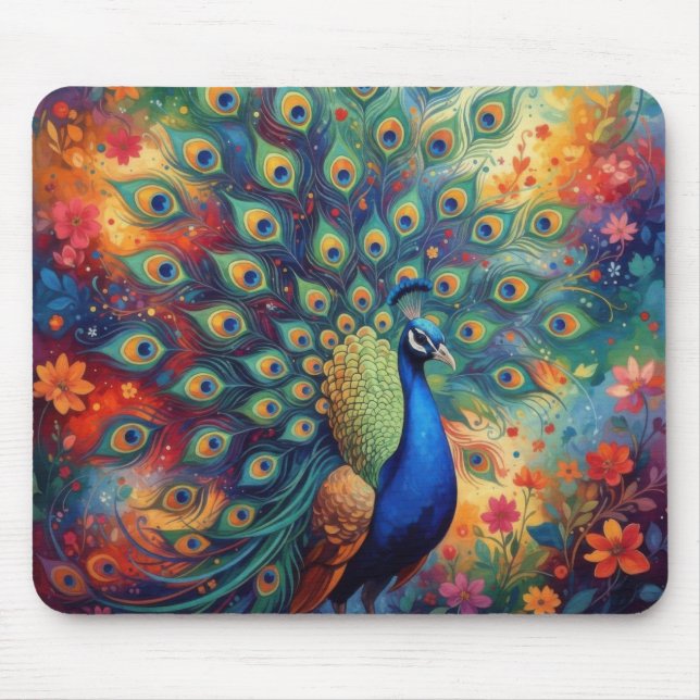 Colorful Peacock Feathers and Flowers Mouse Pad (Front)