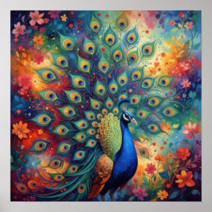 Colorful Peacock Feathers and Flowers Poster