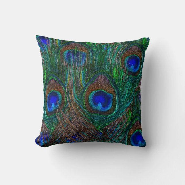 Colorful Peacock Feathers Etching Style Cushion (Front)
