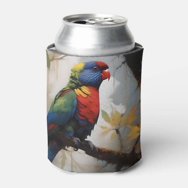 Colorful Perch: A Rainbow Lorikeet in the Tree Can Cooler (Can Front)