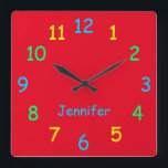 Colorful Personalized Name Cheery Red Round or  Square Wall Clock<br><div class="desc">CHOOSE YOUR OWN BACKGROUND COLOR to decorate this personalized, cheery clock or keep or bright red default. You can easily change the name and background color. Default is primary colors on a bright red background. What a wonderful gift for a playroom or child's bedroom. Wall clock can be round or...</div>