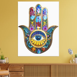 Colorful Petals Leaves Hamsa Sapphire Third Eye Canvas Print