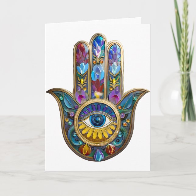 Colorful Petals Leaves Hamsa Sapphire Third Eye Card (Front)