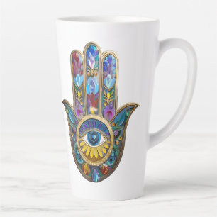 Colorful Petals Leaves Hamsa Sapphire Third Eye Latte Mug