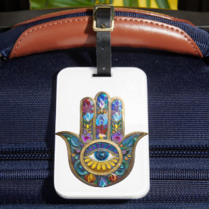 Colorful Petals Leaves Hamsa Sapphire Third Eye Luggage Tag