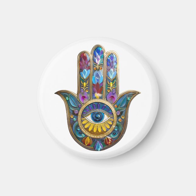Colorful Petals Leaves Hamsa Sapphire Third Eye Magnet (Front)