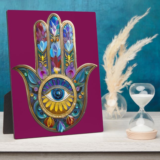 Colorful Petals Leaves Hamsa Sapphire Third Eye Plaque (Side)