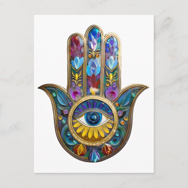 Colorful Petals Leaves Hamsa Sapphire Third Eye Postcard (Front)