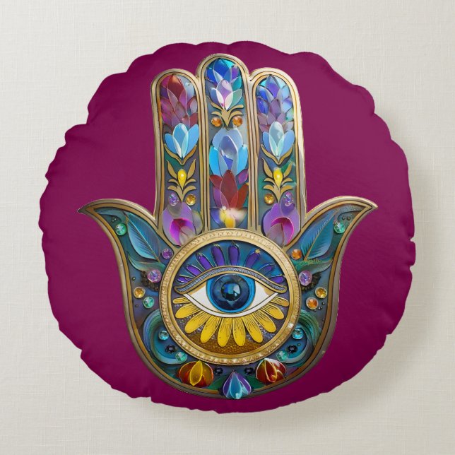 Colorful Petals Leaves Hamsa Sapphire Third Eye Round Cushion (Front)